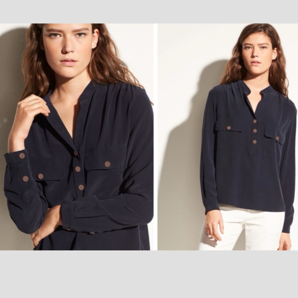 NWT Vince Navy Blue Washed-Silk Utility Blouse Size XS - Picture 2 of 15